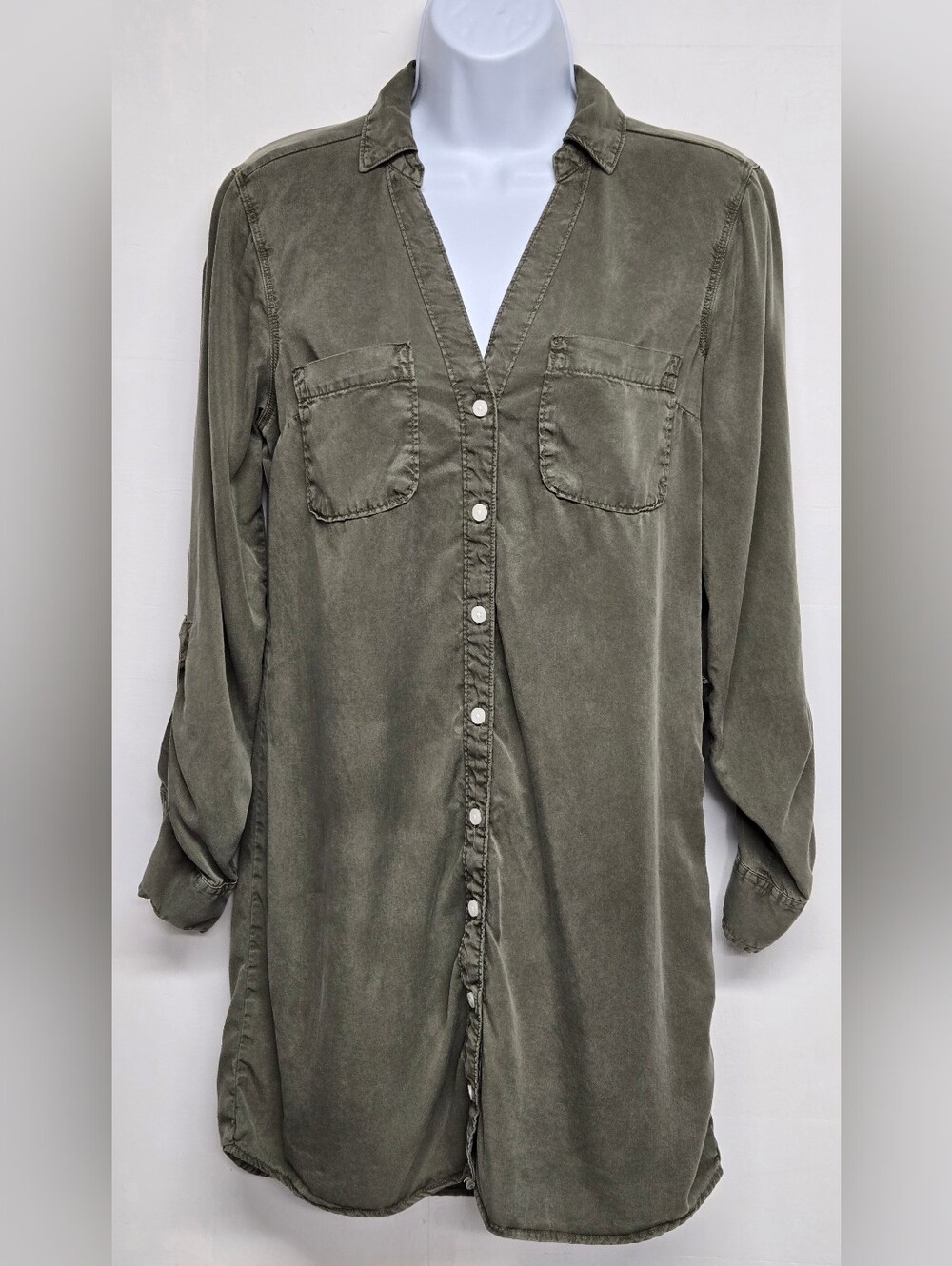 Abercrombie & Fitch S Army Green Oversized Button Down Top Roll Tab Sleeves